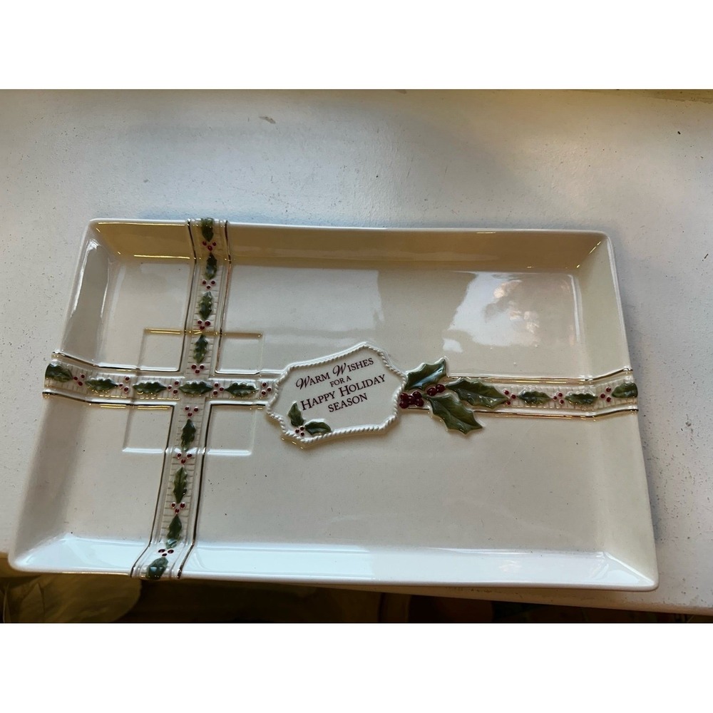 Grasslands Road Platter Plate Holly Berry Present Gift Gold Trim 12x7.5 Inches.
